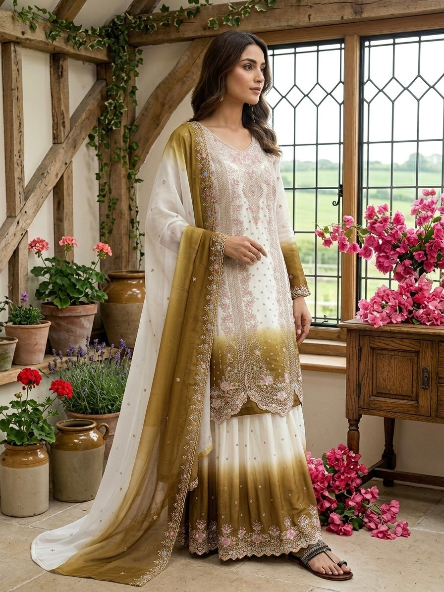 Off-White and Olive Thread Work Georgette Palazzo Set