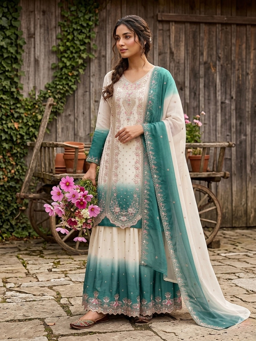 Off-White and Teal Thread Work Georgette Palazzo Set
