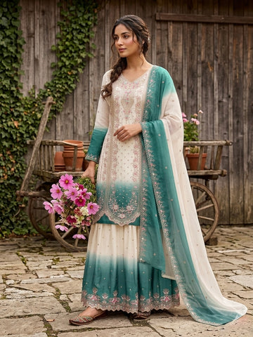 Off-White and Teal Thread Work Georgette Palazzo Set