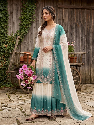 Off-White and Teal Thread Work Georgette Palazzo Set