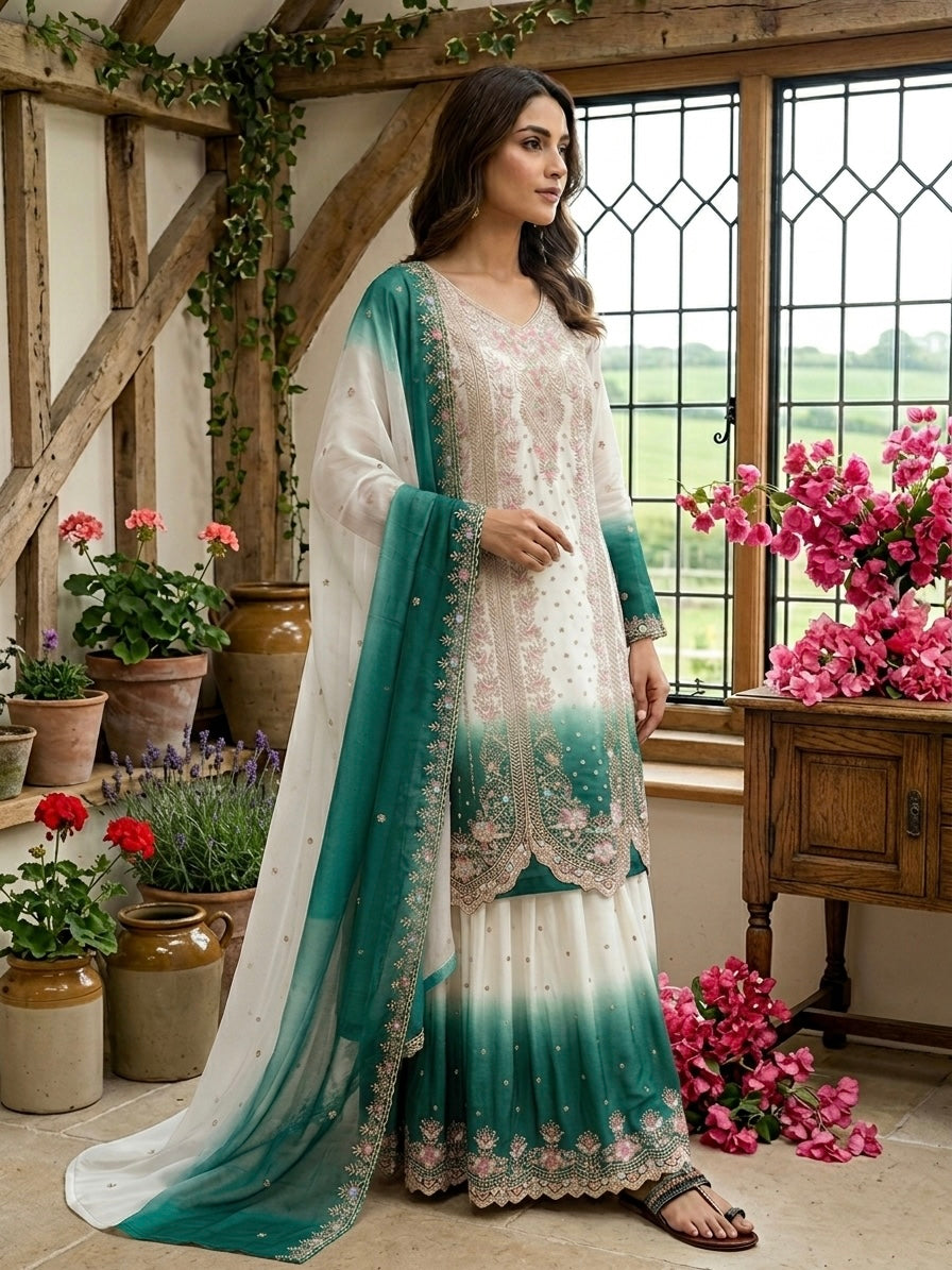 Off-White and Teal Thread Work Georgette Palazzo Set, view 2