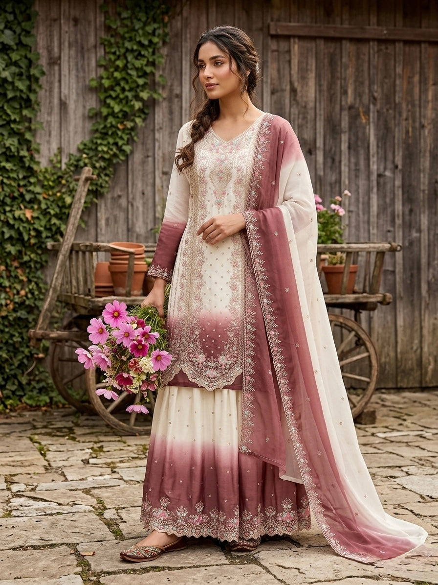 Off-White and Rose Pink Thread Work Georgette Palazzo Set