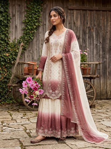 Off-White and Rose Pink Thread Work Georgette Palazzo Set