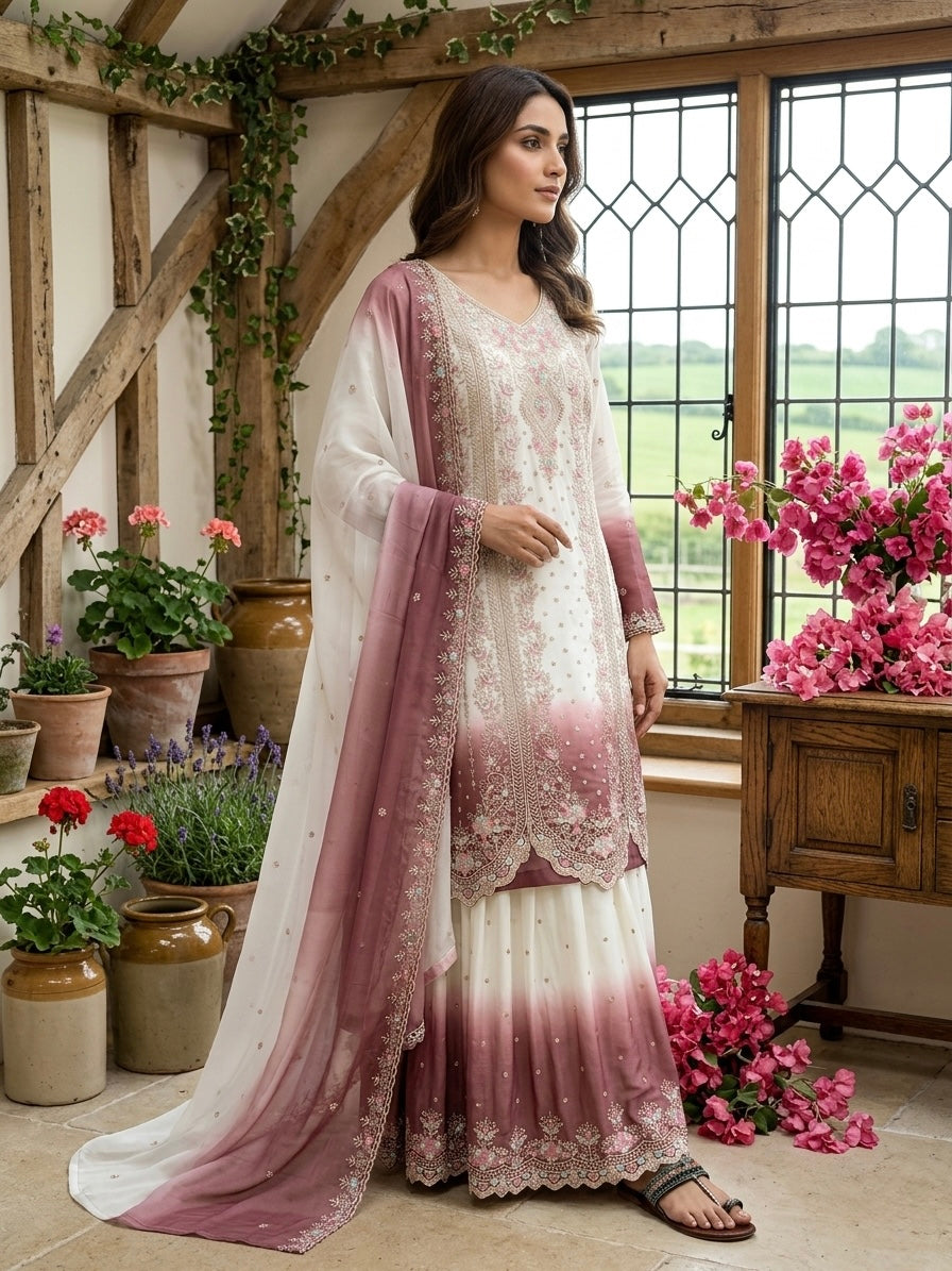 Off-White and Rose Pink Thread Work Georgette Palazzo Set