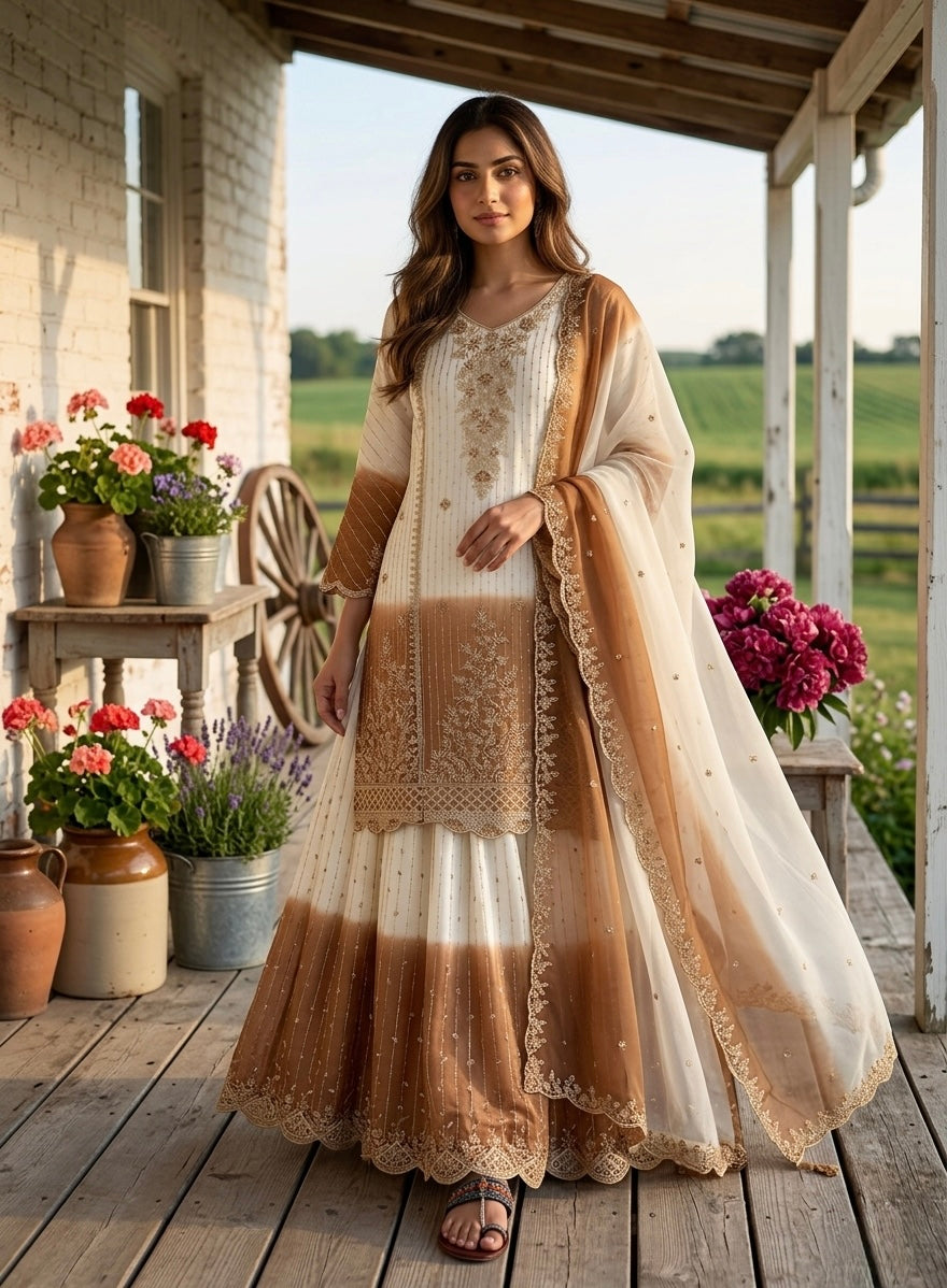 Off-White and Brown Thread Work Georgette Palazzo Set