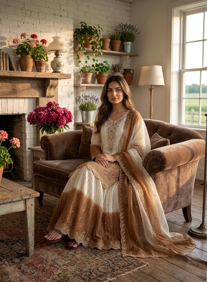 Off-White and Brown Thread Work Georgette Palazzo Set, view 2
