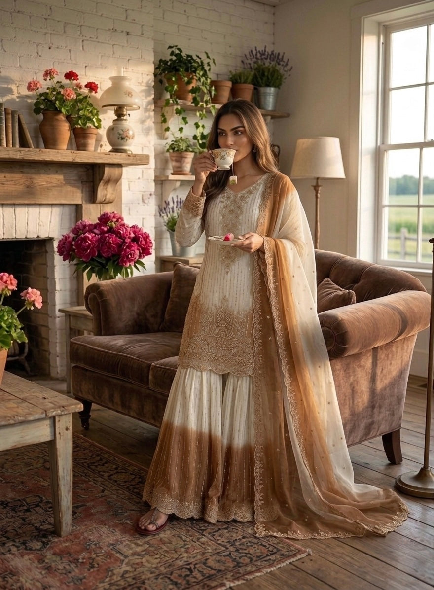 Off-White and Brown Thread Work Georgette Palazzo Set, view 3