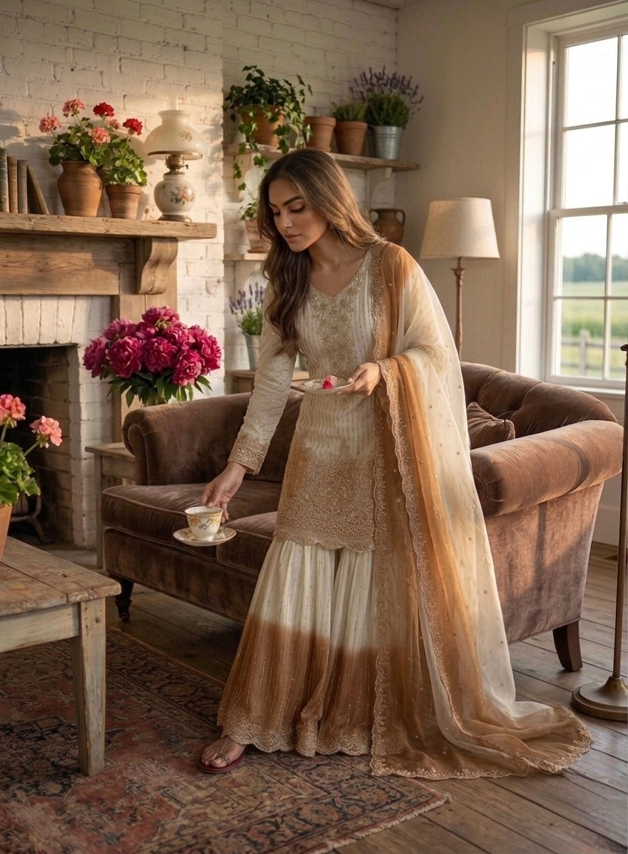 Off-White and Brown Thread Work Georgette Palazzo Set, view 4
