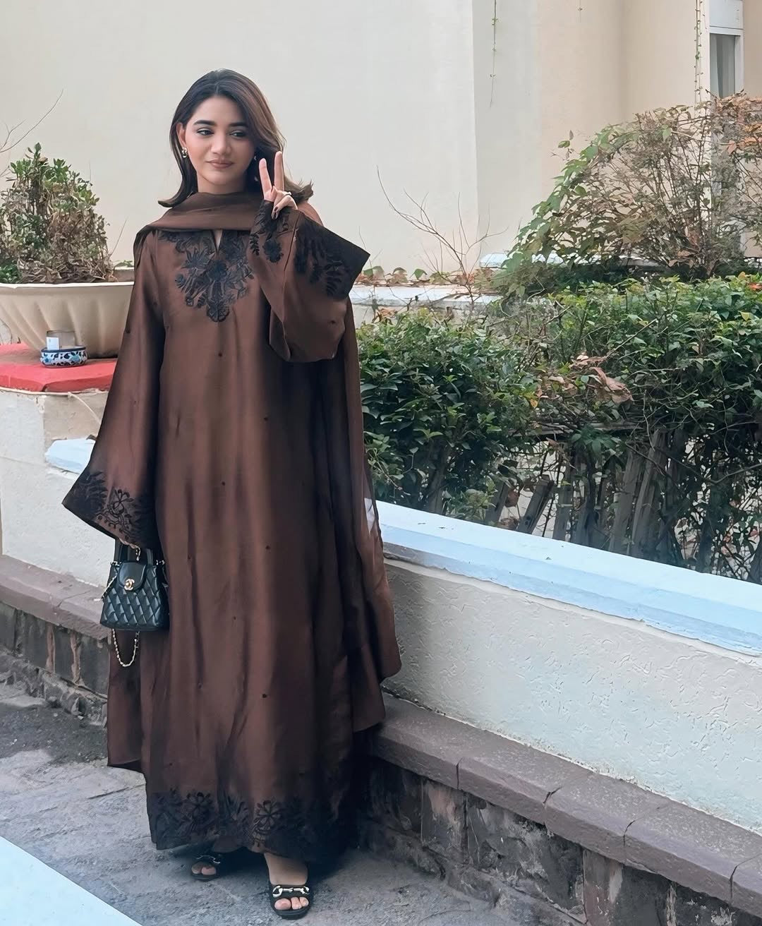 Chocolate Brown Chanderi Kaftan Dress Set