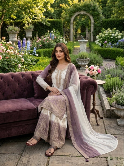 Off-White and Mauve Stone Work Georgette Palazzo Set