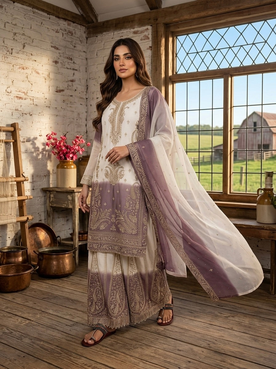 Off-White and Mauve Stone Work Georgette Palazzo Set