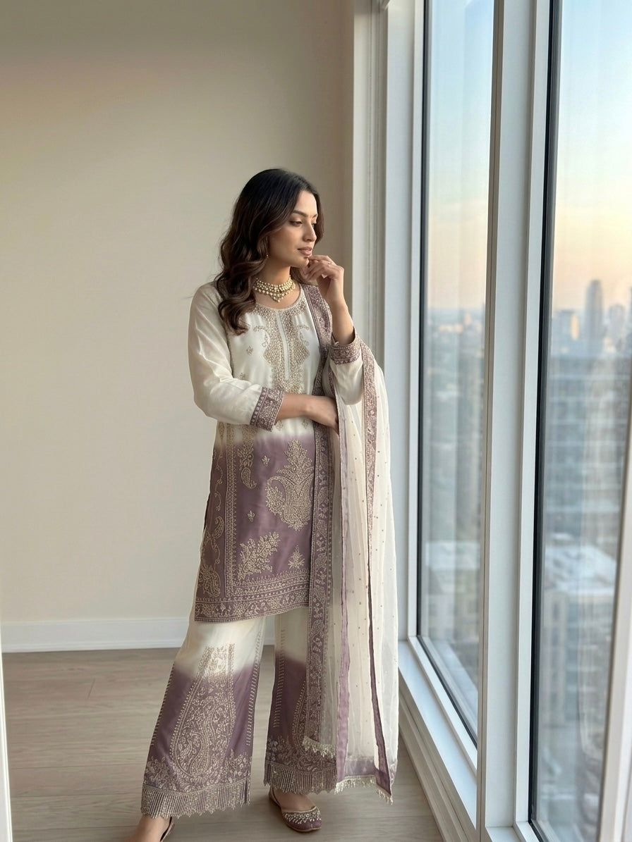 Off-White and Mauve Stone Work Georgette Palazzo Set, view 3