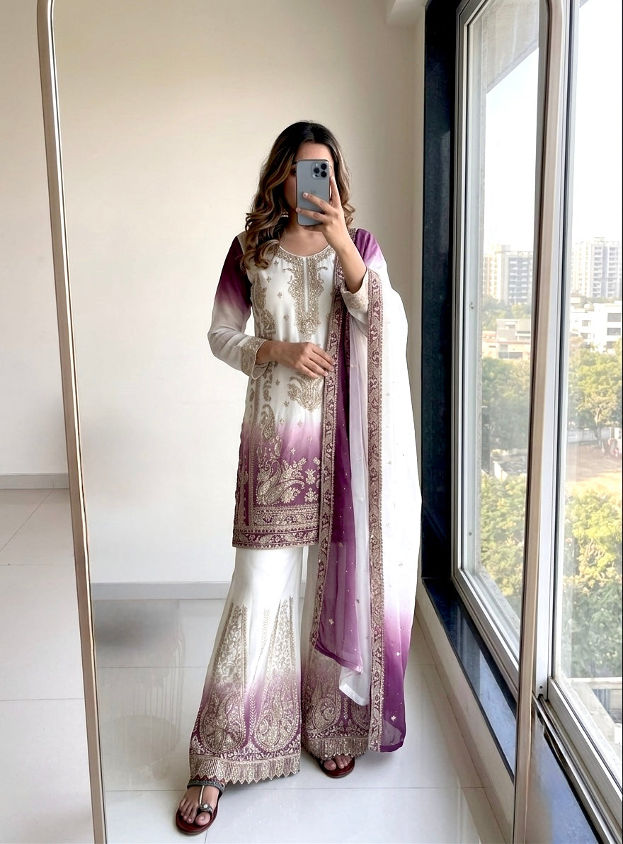 Off-White and Wine Stone Work Georgette Palazzo Set