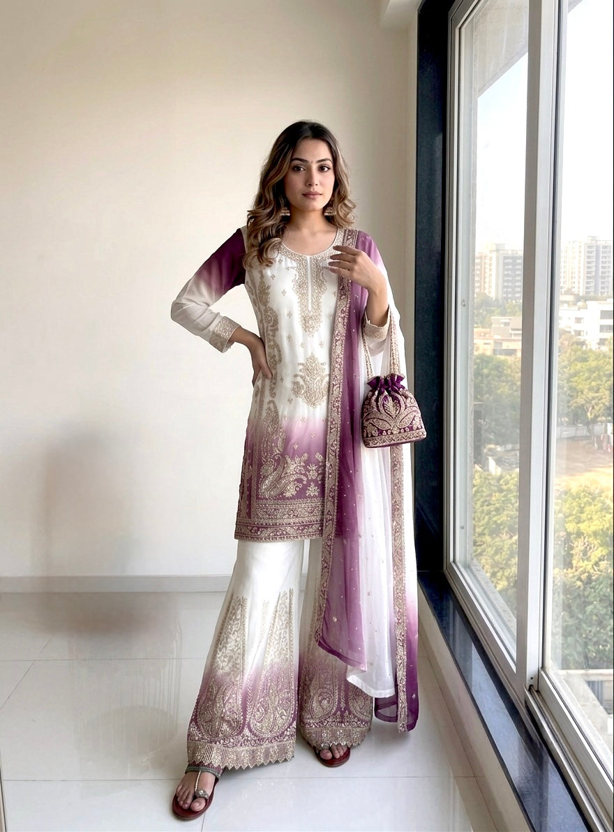 Off-White and Wine Stone Work Georgette Palazzo Set