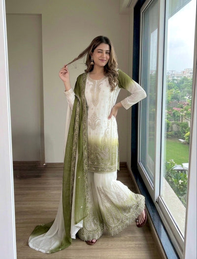 Off-White and Olive Stone Work Georgette Palazzo Set
