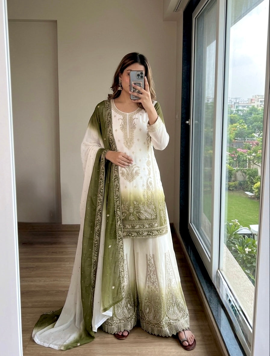 Off-White and Olive Stone Work Georgette Palazzo Set, view 2