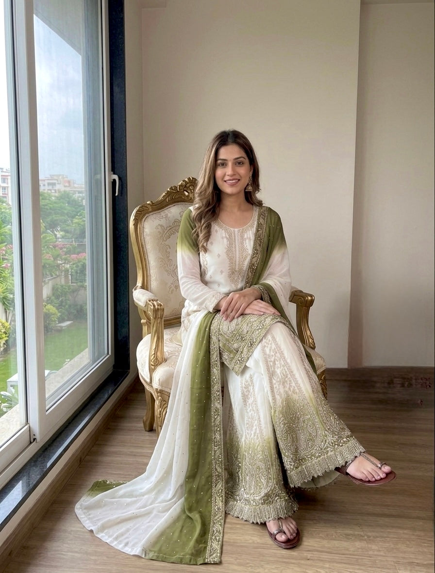 Off-White and Olive Stone Work Georgette Palazzo Set, view 3
