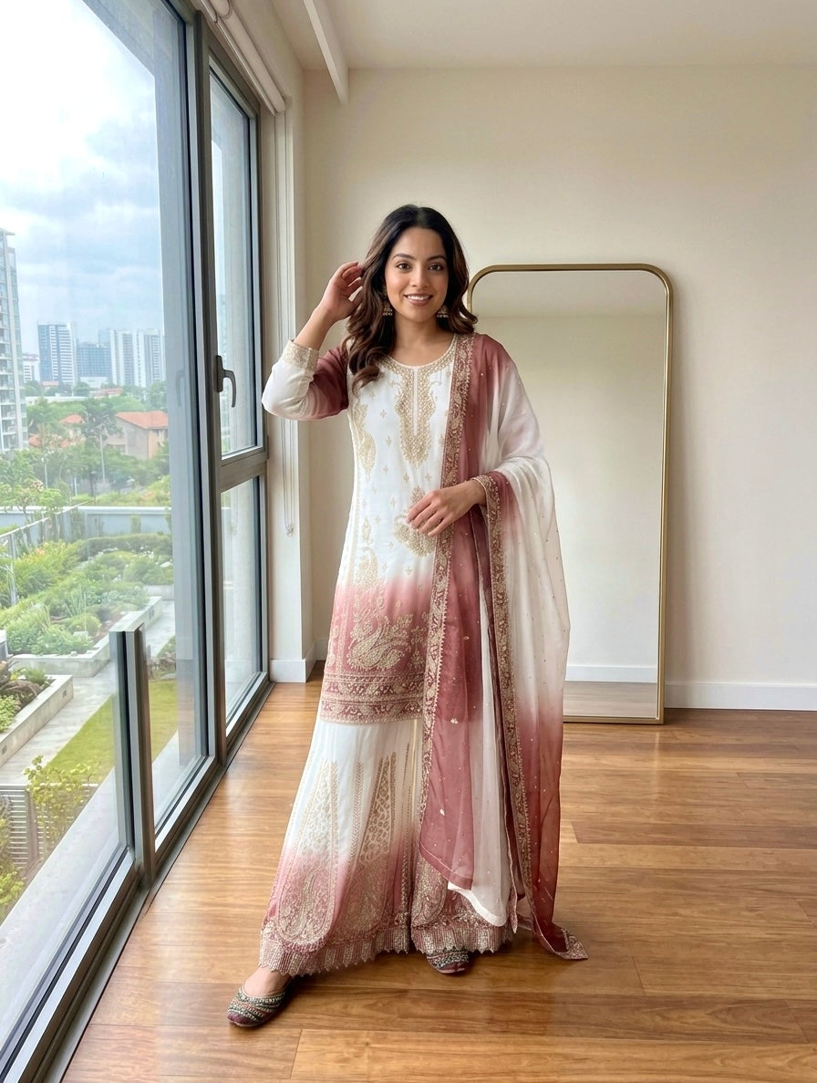 Off-White and Rose Stone Work Georgette Palazzo Set