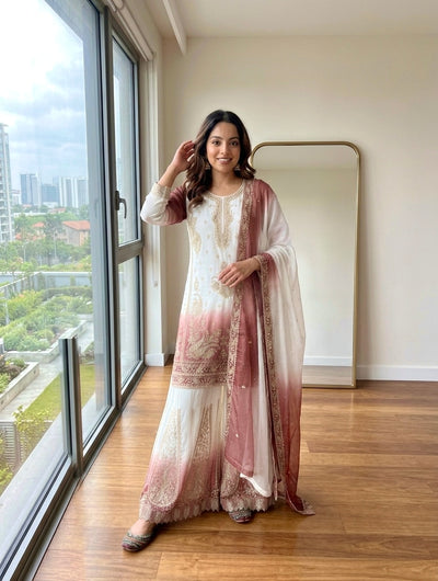 Off-White and Rose Stone Work Georgette Palazzo Set