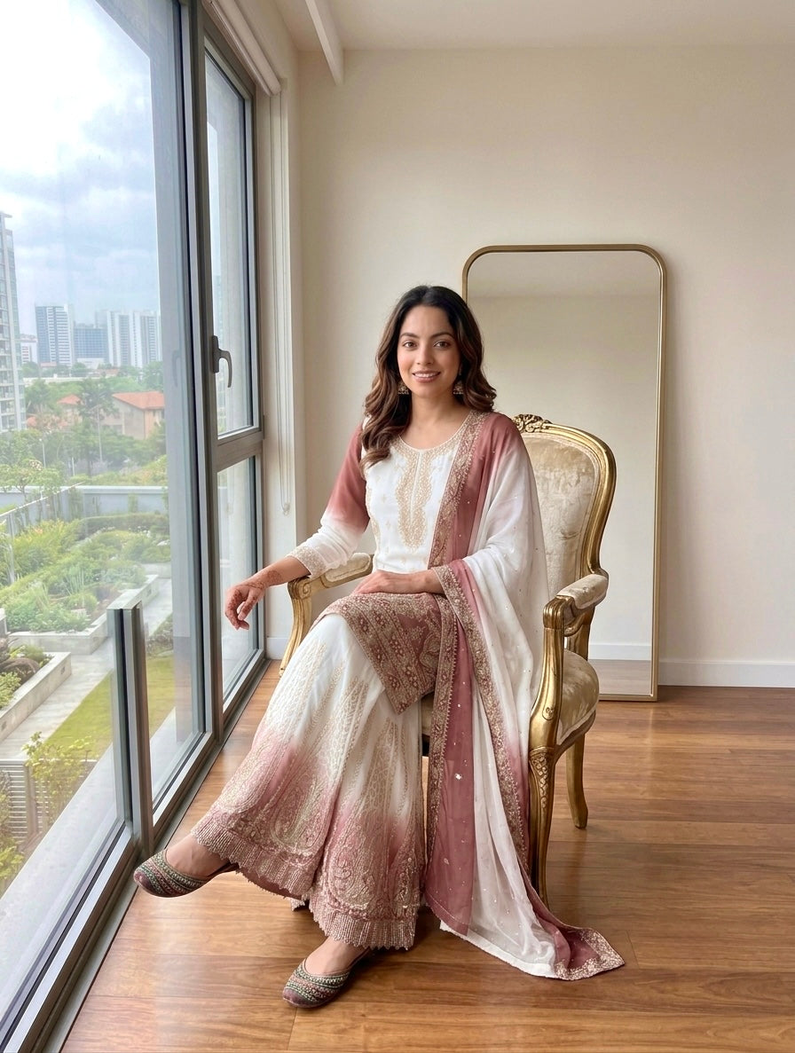 Off-White and Rose Stone Work Georgette Palazzo Set, view 2