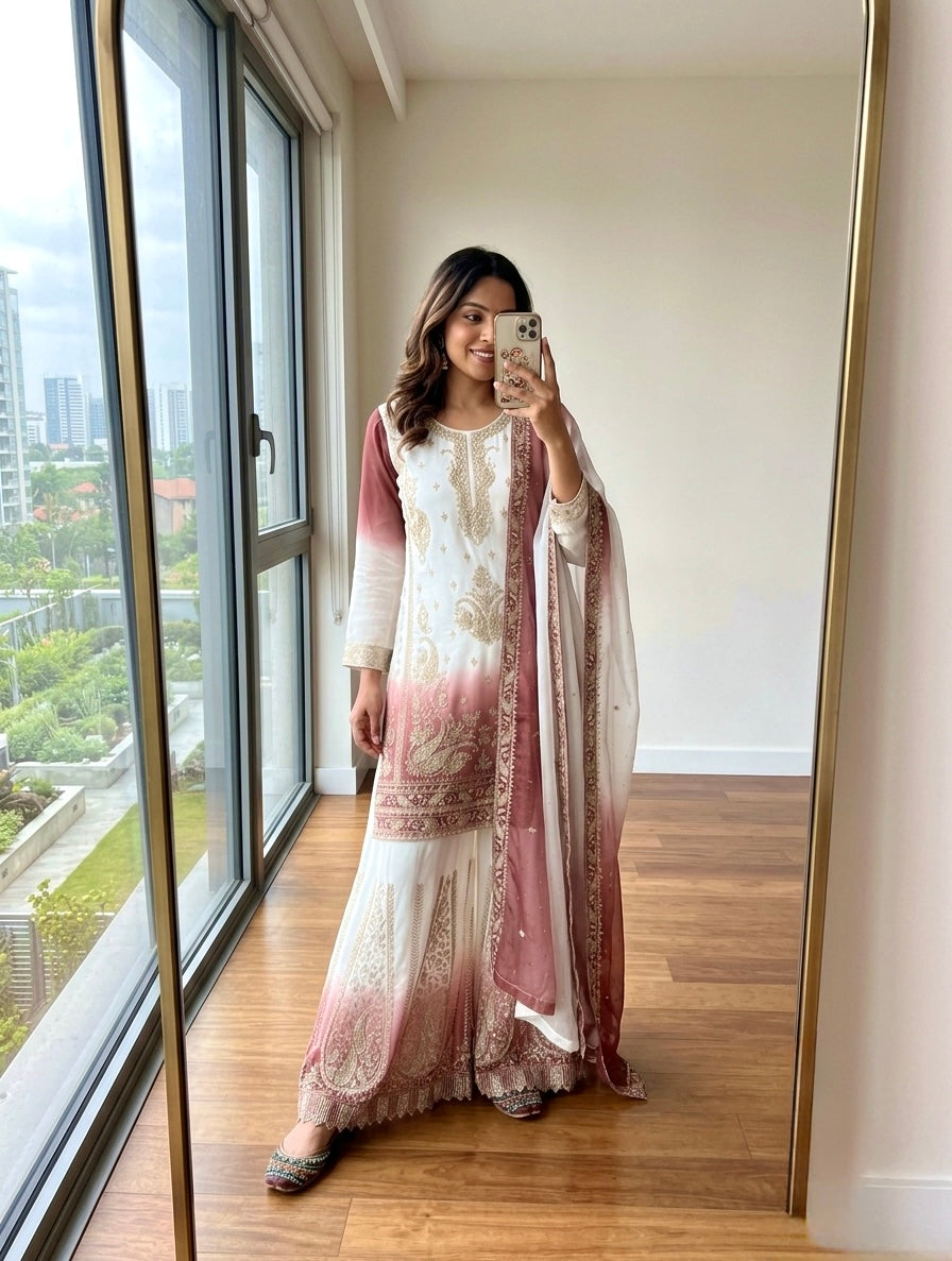 Off-White and Rose Stone Work Georgette Palazzo Set, view 3