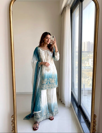 Off-White and Teal Stone Work Georgette Palazzo Set