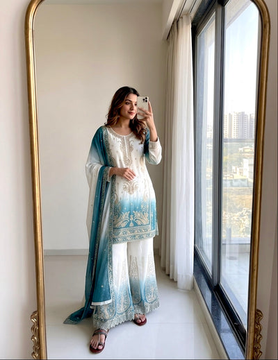 Off-White and Teal Stone Work Georgette Palazzo Set