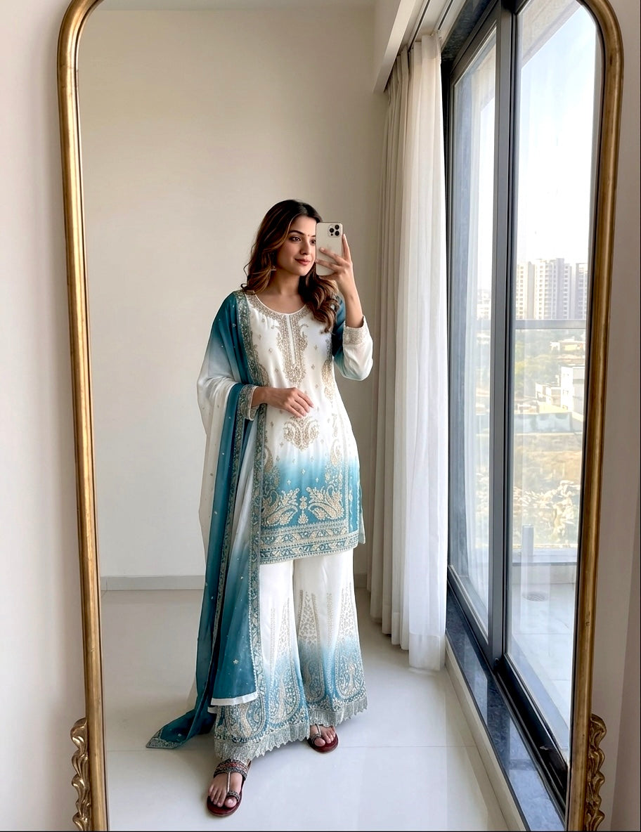 Off-White and Teal Stone Work Georgette Palazzo Set