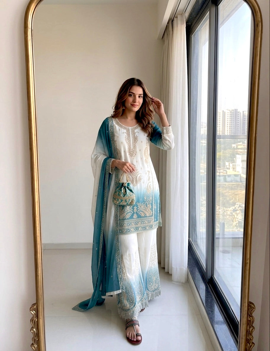 Off-White and Teal Stone Work Georgette Palazzo Set