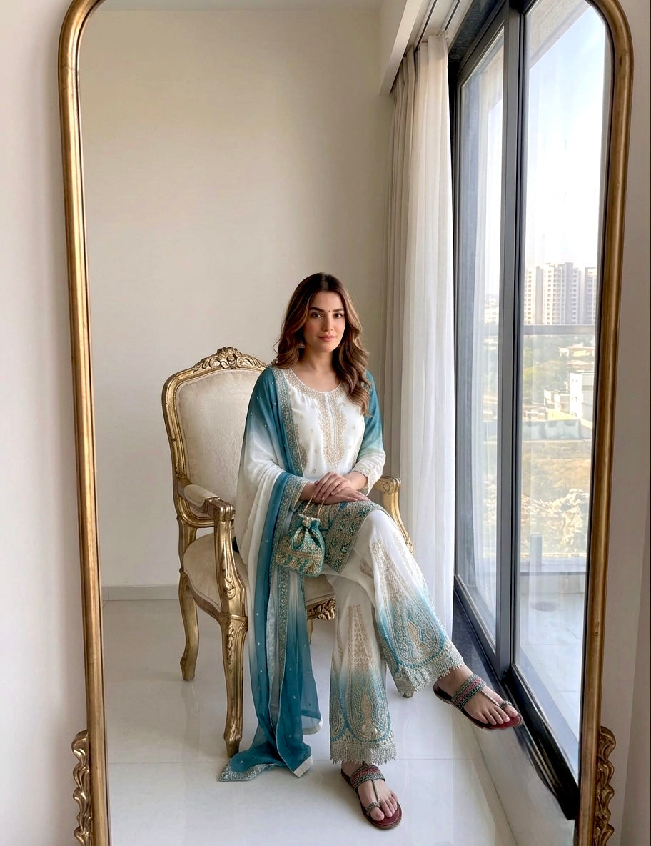 Off-White and Teal Stone Work Georgette Palazzo Set, view 3