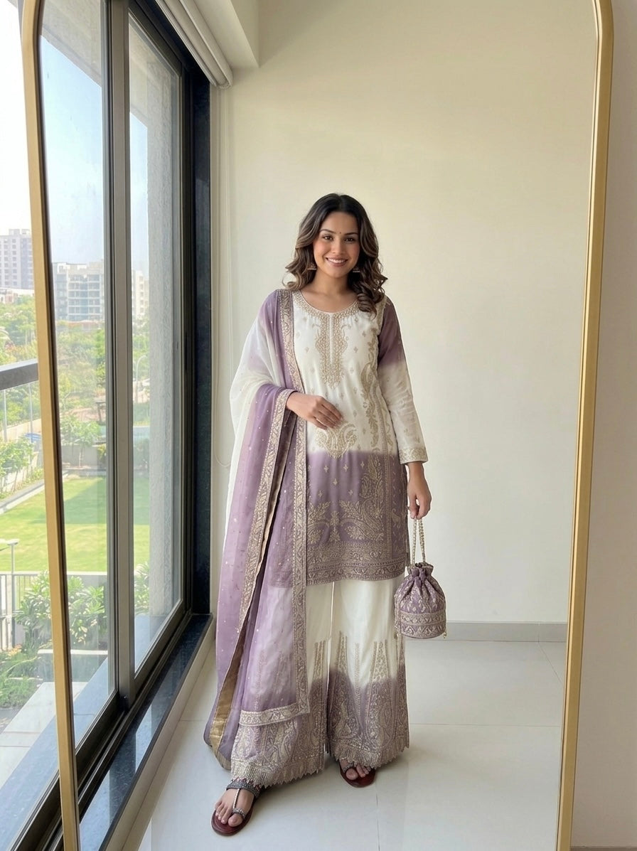 Off-White and Mauve Stone Work Georgette Palazzo Set, view 4