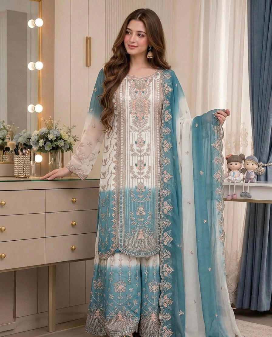 Off-White and Sea Blue Embroidered Georgette Tiered Palazzo Set