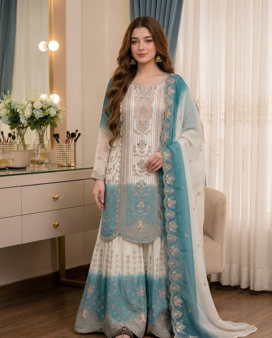 Off-White and Sea Blue Embroidered Georgette Tiered Palazzo Set