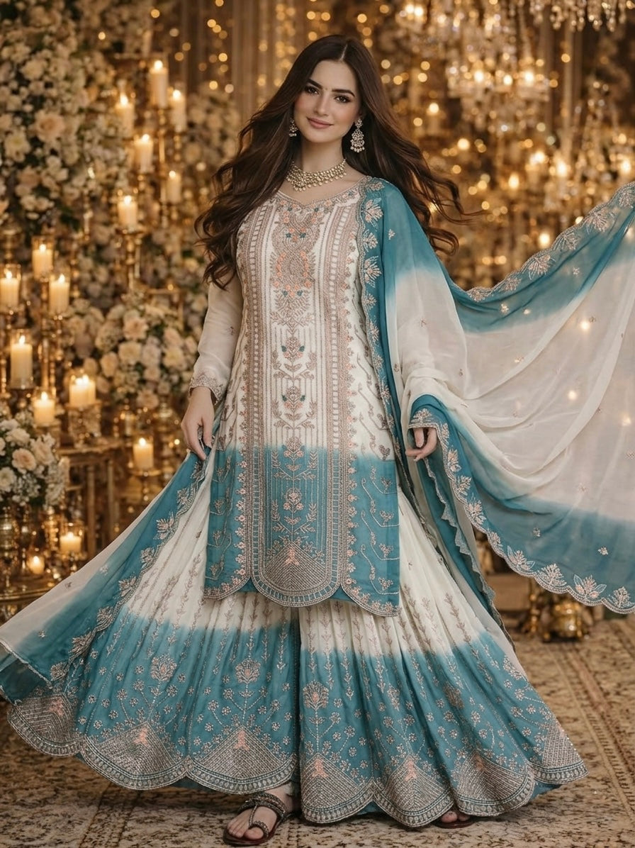 Off-White and Sea Blue Embroidered Georgette Tiered Palazzo Set, view 3