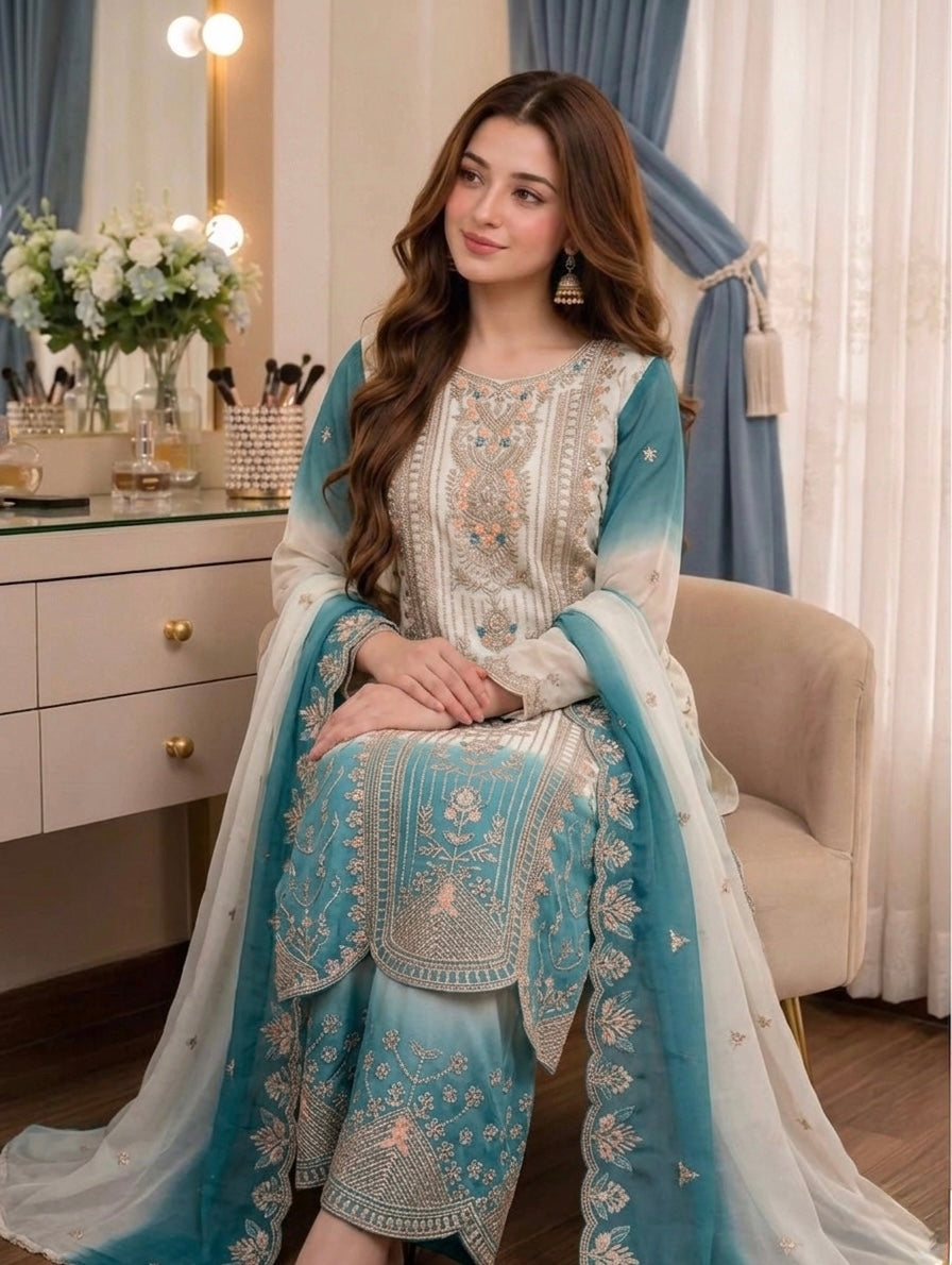 Off-White and Sea Blue Embroidered Georgette Tiered Palazzo Set, view 4