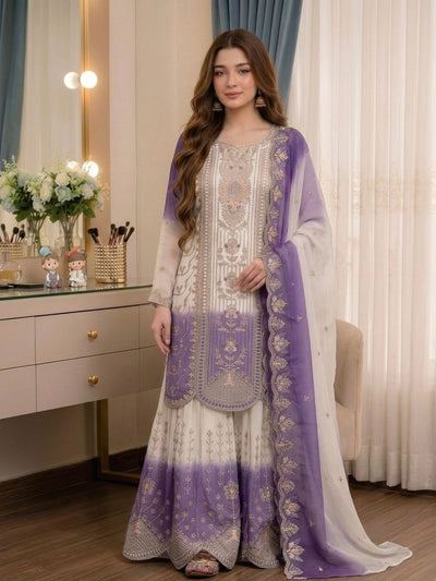 Off-White and Lavender Embroidered Georgette Tiered Palazzo Set
