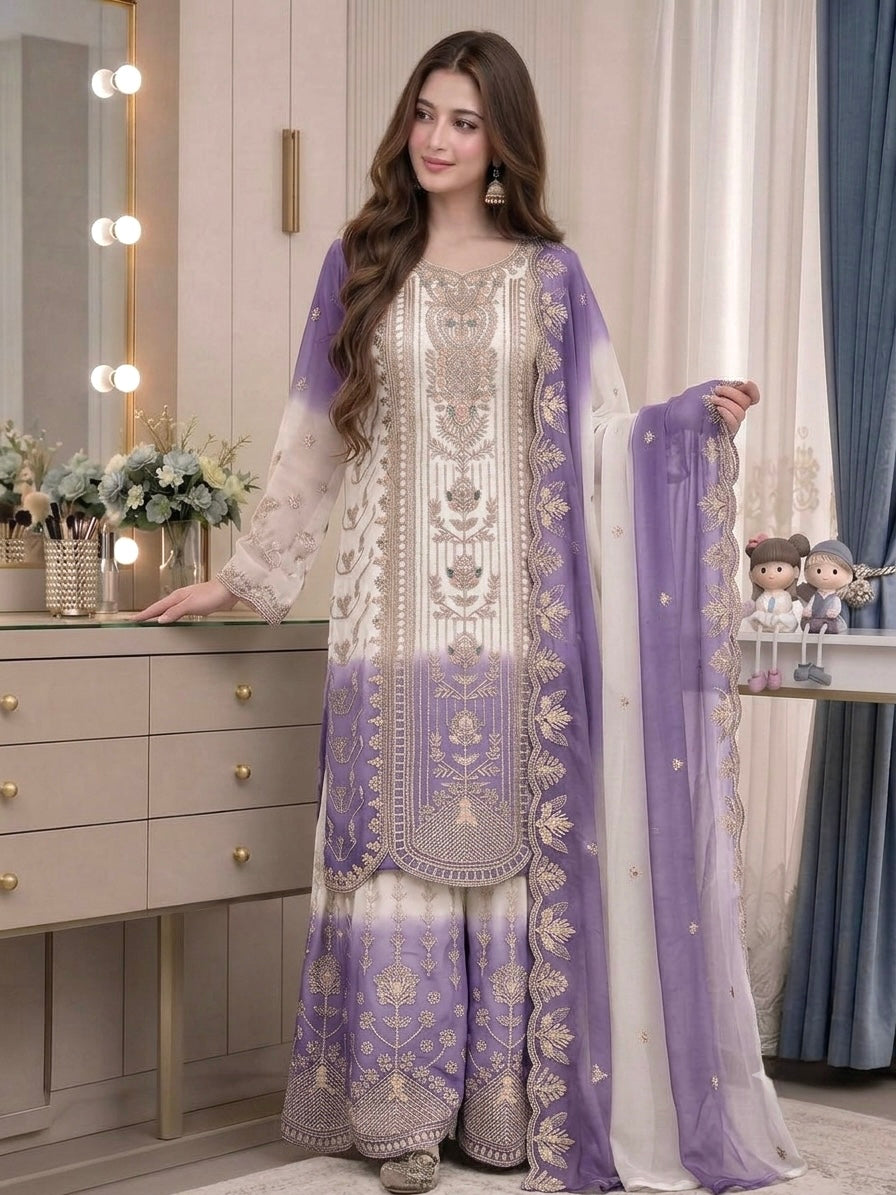 Off-White and Lavender Embroidered Georgette Tiered Palazzo Set