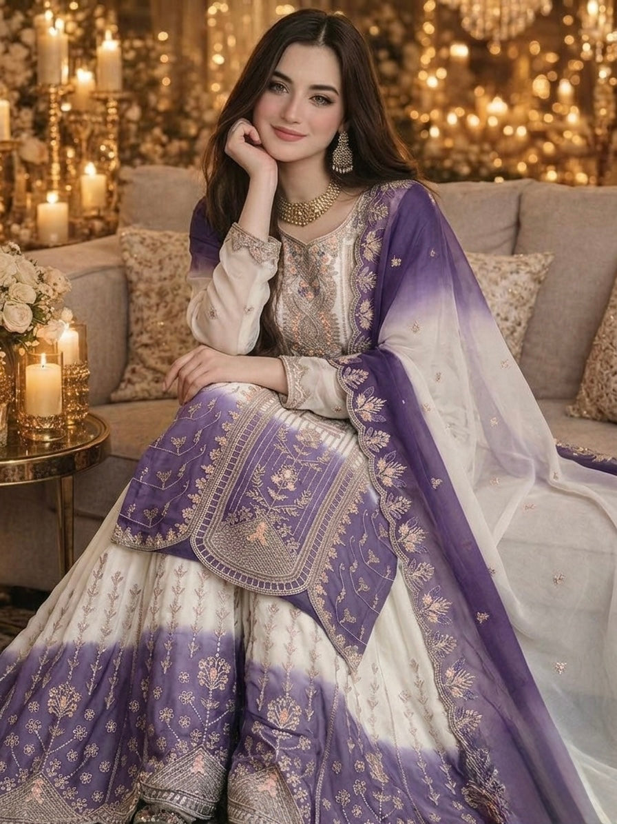 Off-White and Lavender Embroidered Georgette Tiered Palazzo Set, view 3