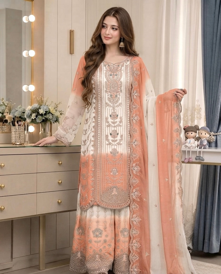 Off-White and Peach Embroidered Georgette Tiered Palazzo Set