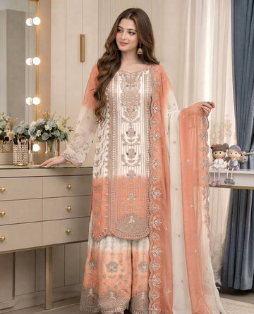 Off-White and Peach Embroidered Georgette Tiered Palazzo Set