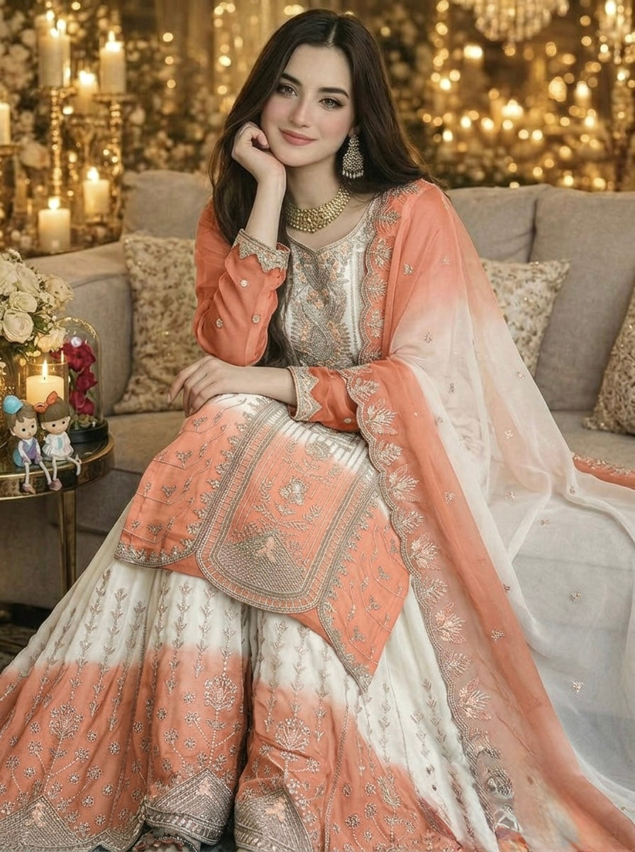 Off-White and Peach Embroidered Georgette Tiered Palazzo Set, view 2