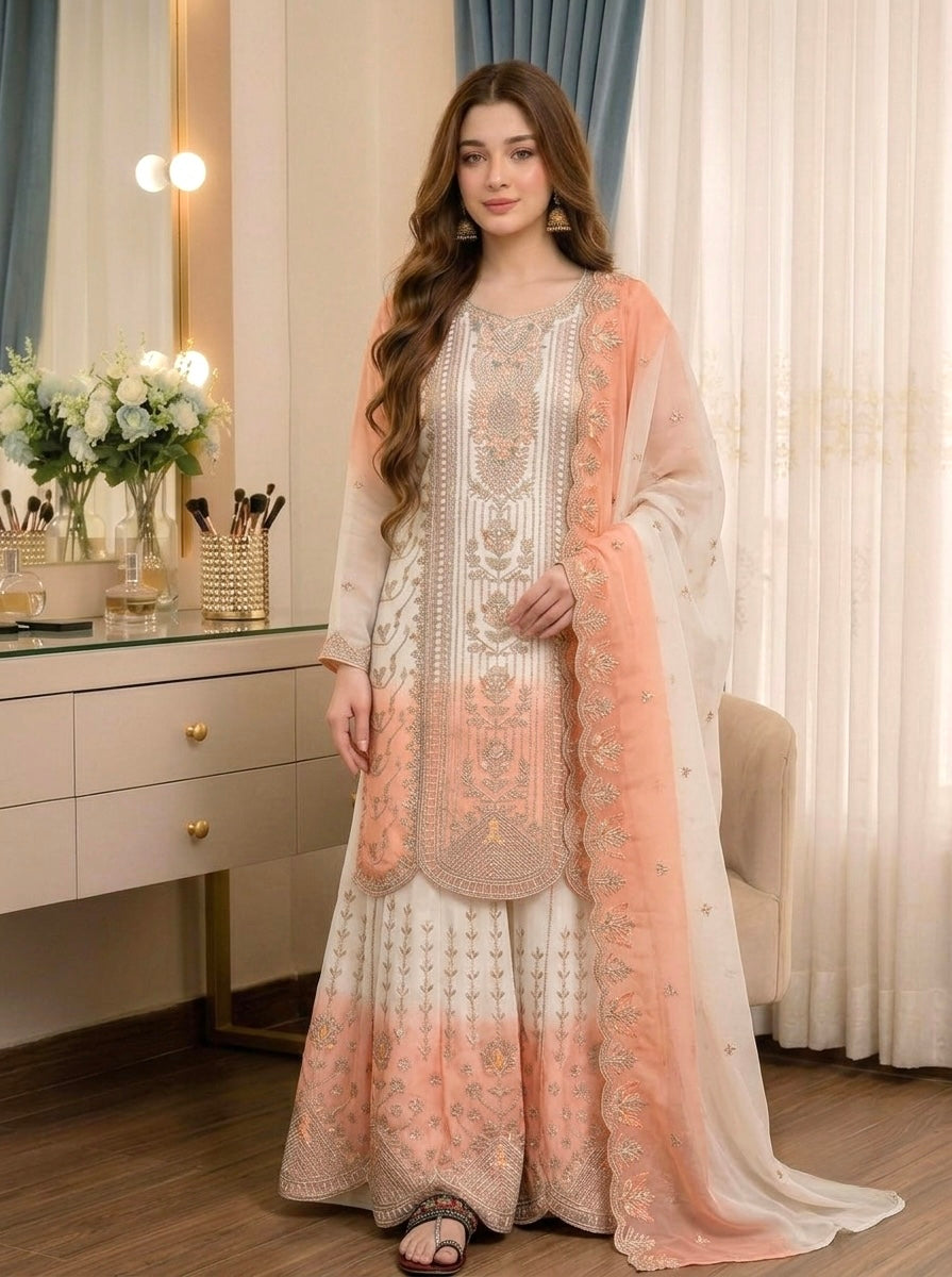 Off-White and Peach Embroidered Georgette Tiered Palazzo Set, view 3