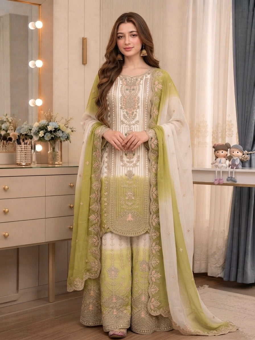 Off-White and Lime Green Embroidered Georgette Tiered Palazzo Set