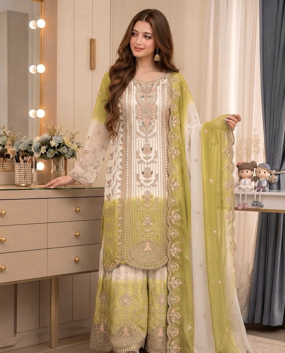 Off-White and Lime Green Embroidered Georgette Tiered Palazzo Set