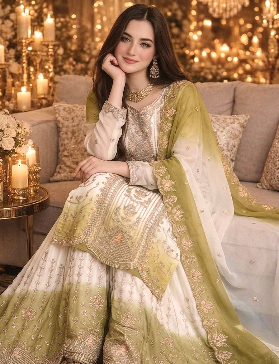 Off-White and Lime Green Embroidered Georgette Tiered Palazzo Set, view 3