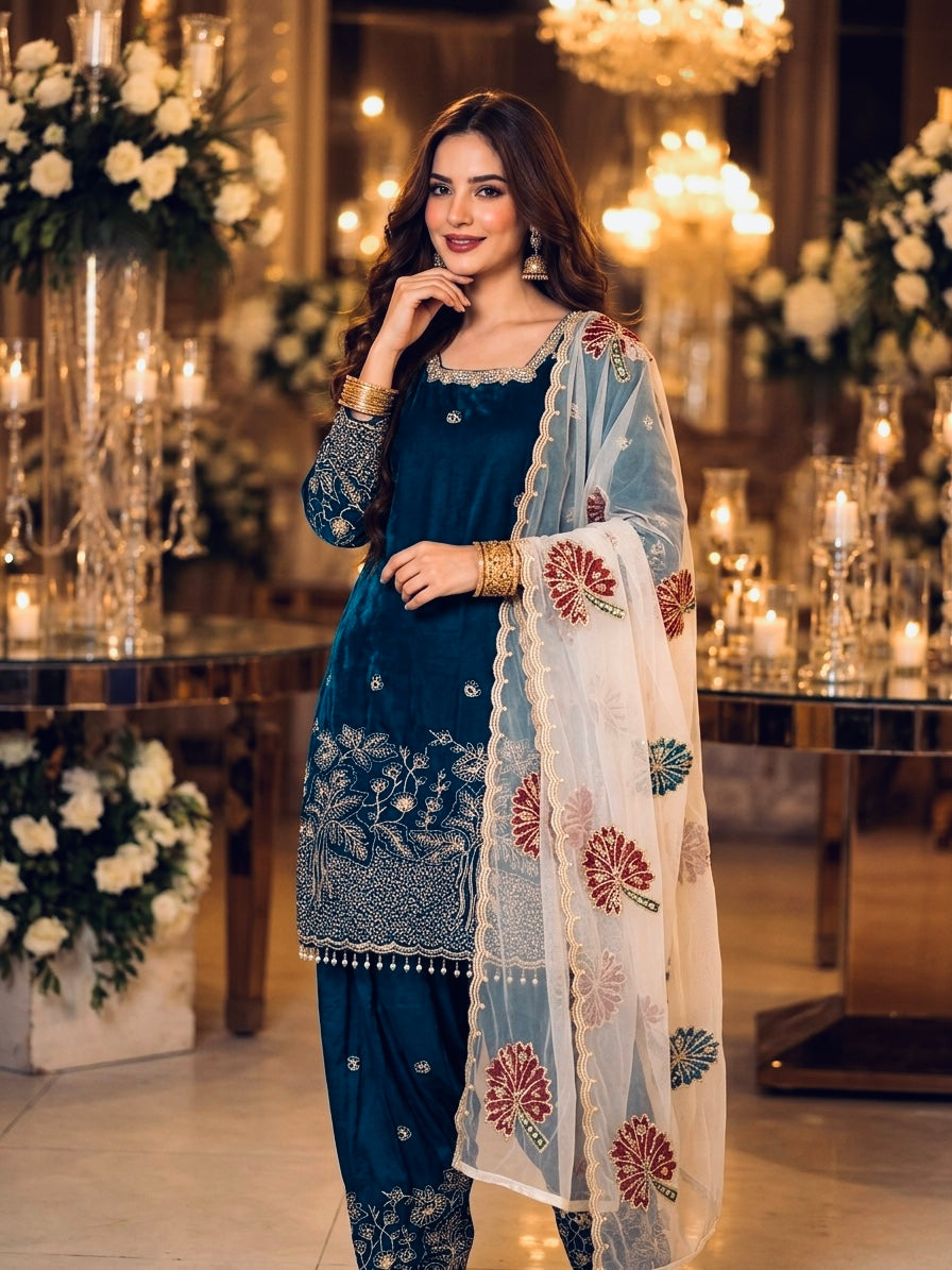 Peacock Blue Fendy Silk Kurta Farshi Set with Printed Dupatta