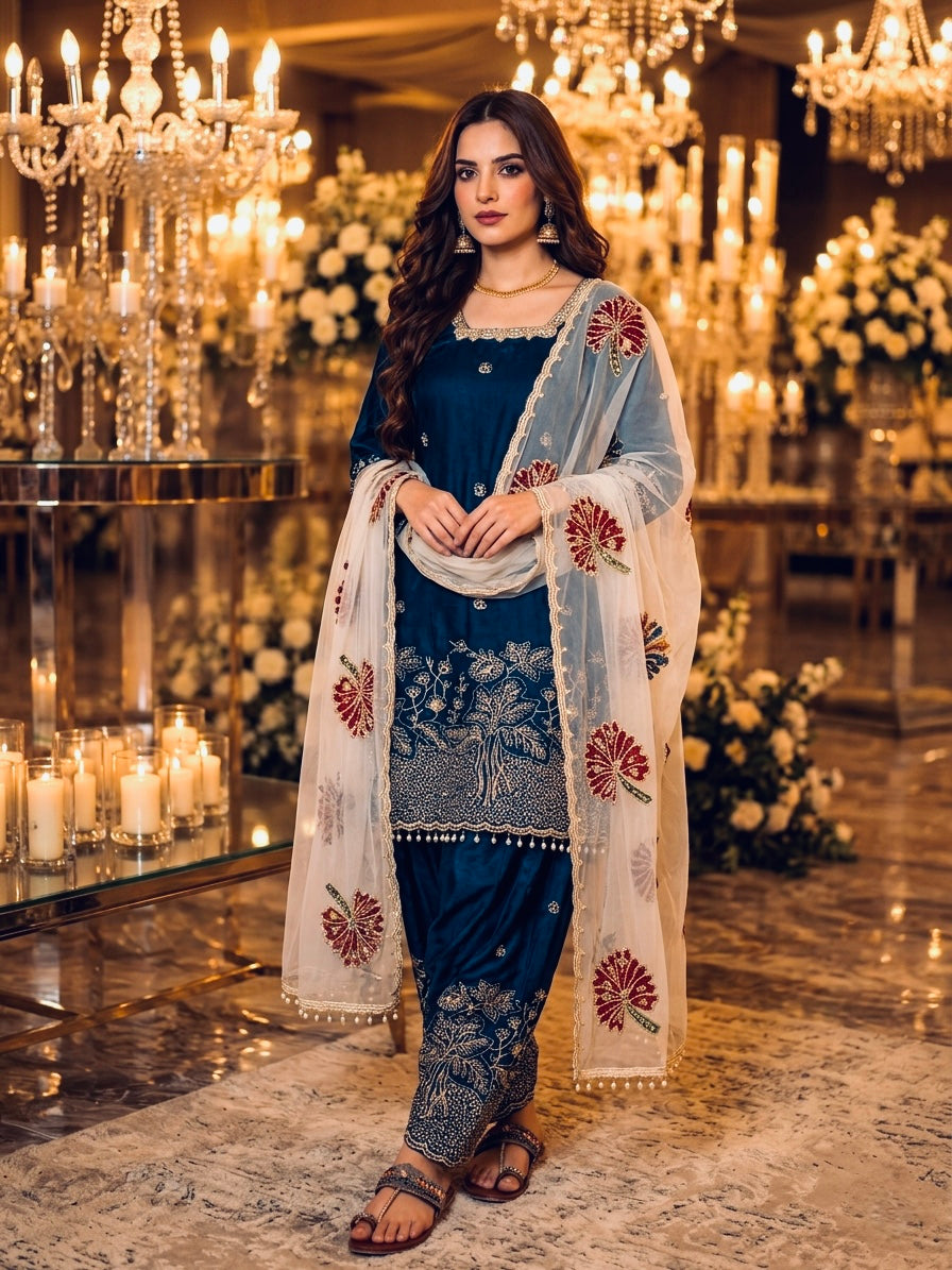 Peacock Blue Fendy Silk Kurta Farshi Set with Printed Dupatta
