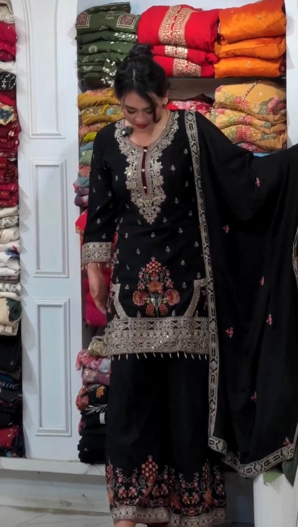 Black Georgette Kurta Palazzo Set with Coding-Dori Work