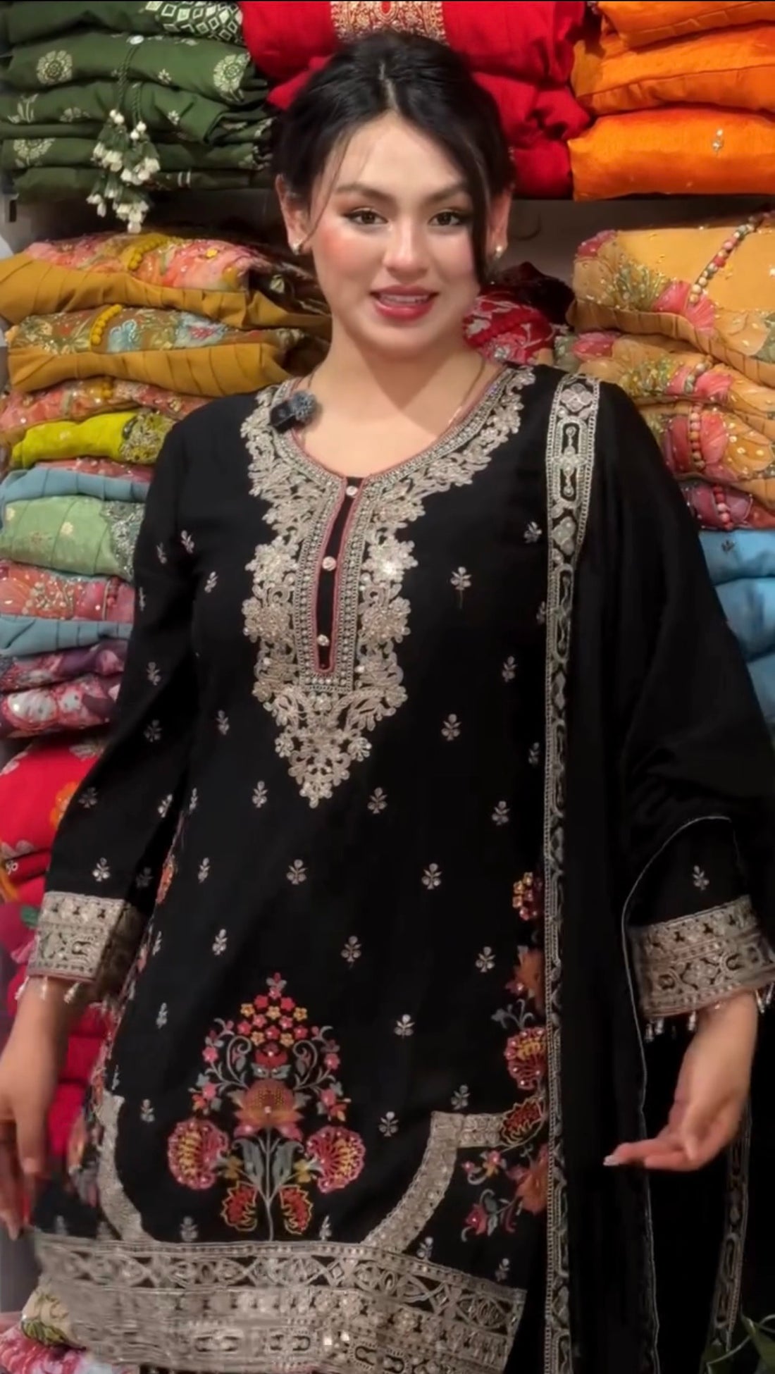 Black Georgette Kurta Palazzo Set with Coding-Dori Work