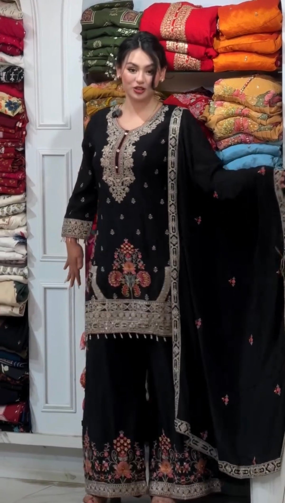 Black Georgette Kurta Palazzo Set with Coding-Dori Work, view 3